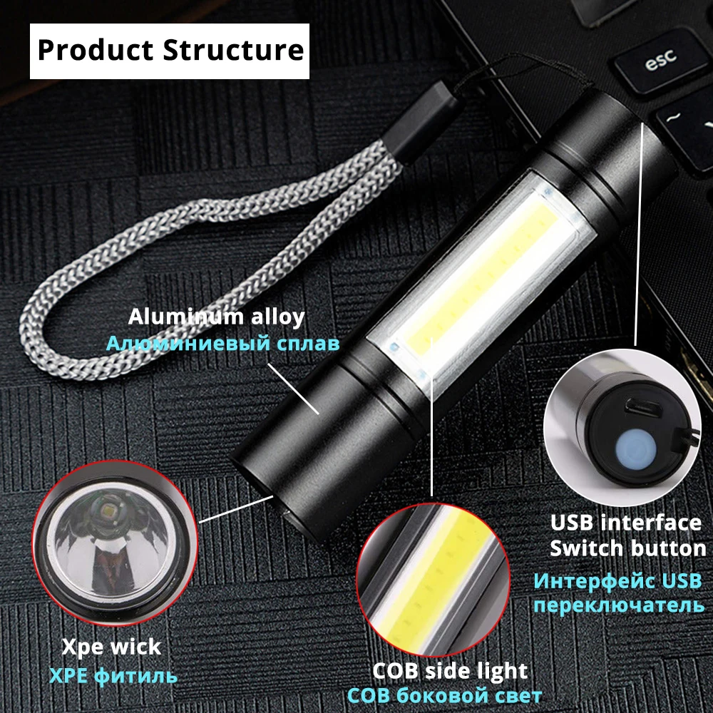 USB Перезаряжаемый Фонарик 3 режима освещения COB + XPE светодиодный мини-фонарик водонепроницаемый портативный используется для кемпинга