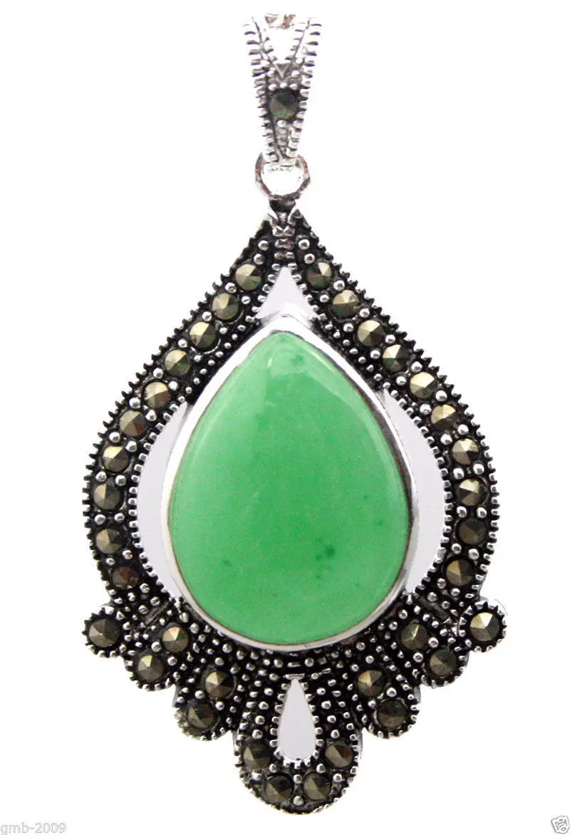 Vintage Marcasite Natural Green Jade Teardrop Gems 925 Sterling Silver Pendant