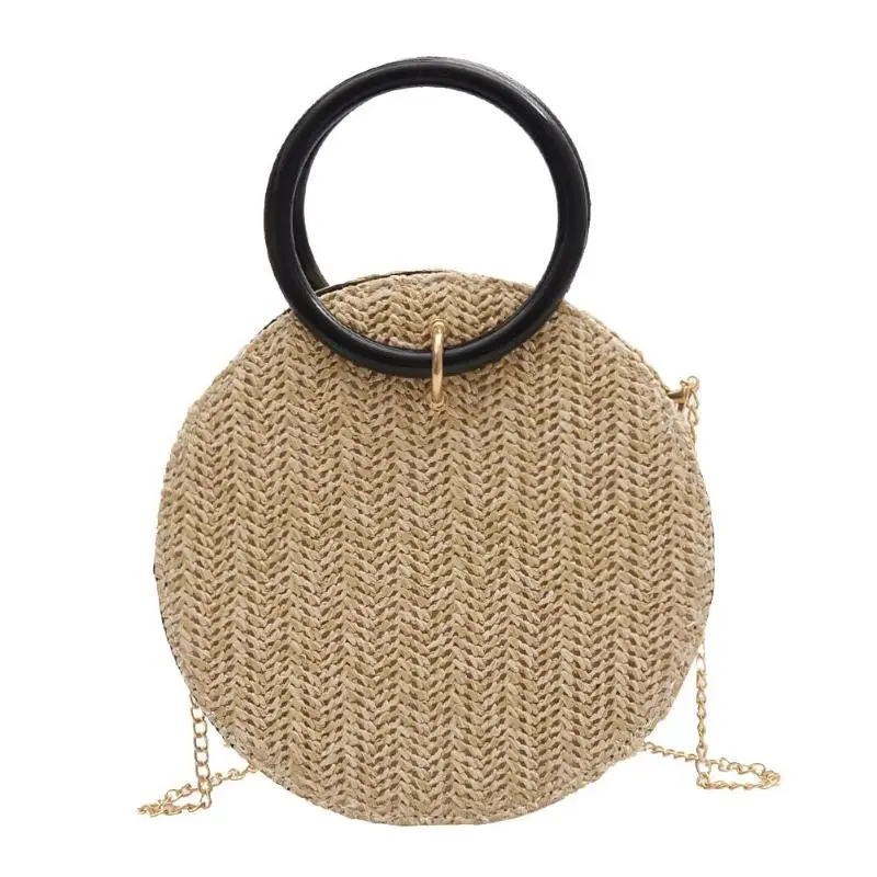 

Fashion Circle Top-handle Bags Shoulder Messenger Handbags Casual Summer Beach Women Straw Woven Small Round Chain Crossbody Bag