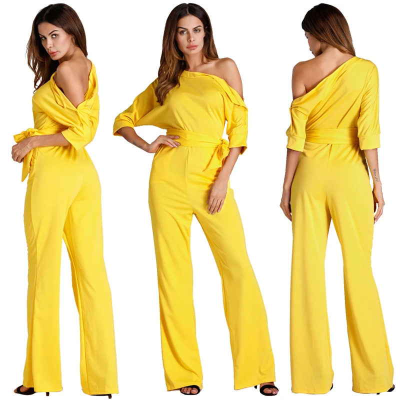 Solid Off Shoulder Loose Jumpsuits Buttons Up Half Sleeve Sashes Wide Leg One Piece Pants Women Rompers