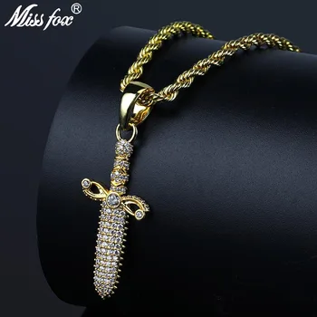 

MISSFOX Hip Hop Game Of Throne King Sword Personalized Necklace 24K Gold Plated Iced Out Pendant Gold Chain Locket Pendant