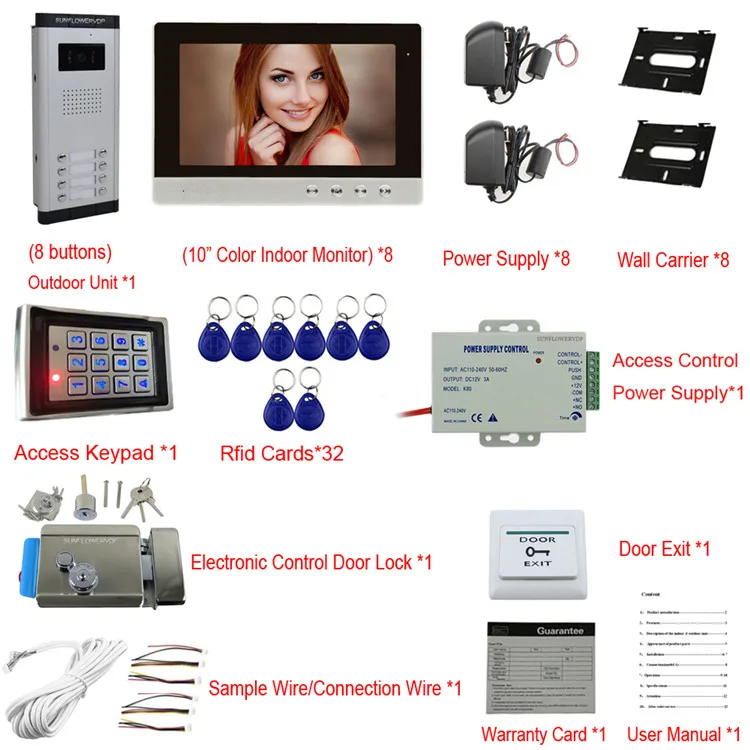 Проводной видеодомофон 8 единиц 10 "цветной монитор домофон с камерой с замком + система контроля доступа Rifd пароль разблокировка
