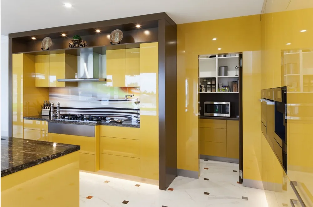 2017 nuevos gabinetes de cocina de diseño color amarillo moderno alto