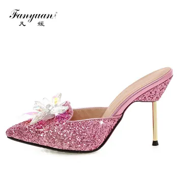 

Fanyuan 2017 Women Slippers Stiletto Mules High Heels Slides Sexy Bling Crystal Flower Ladies Party Sandals Summer Shoes Golden