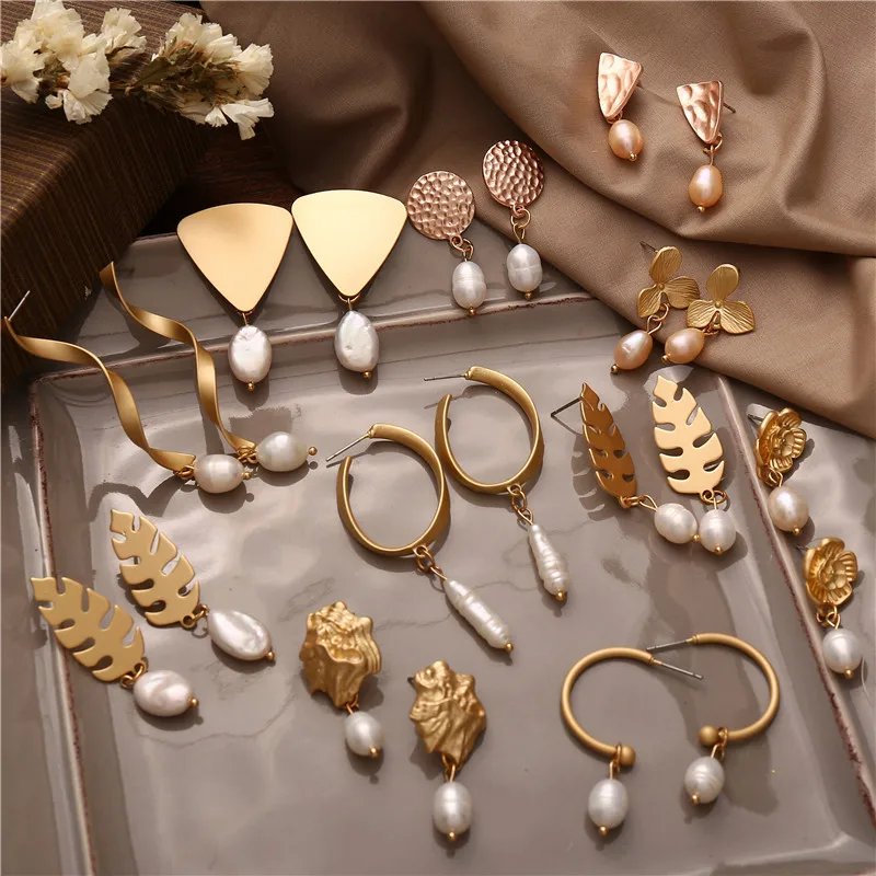 

AY Irregular Baroque Freshwater Pearls Drop Earrings for Women Brincos Geometric Heart Circle Dangle Earring Gold Accessories