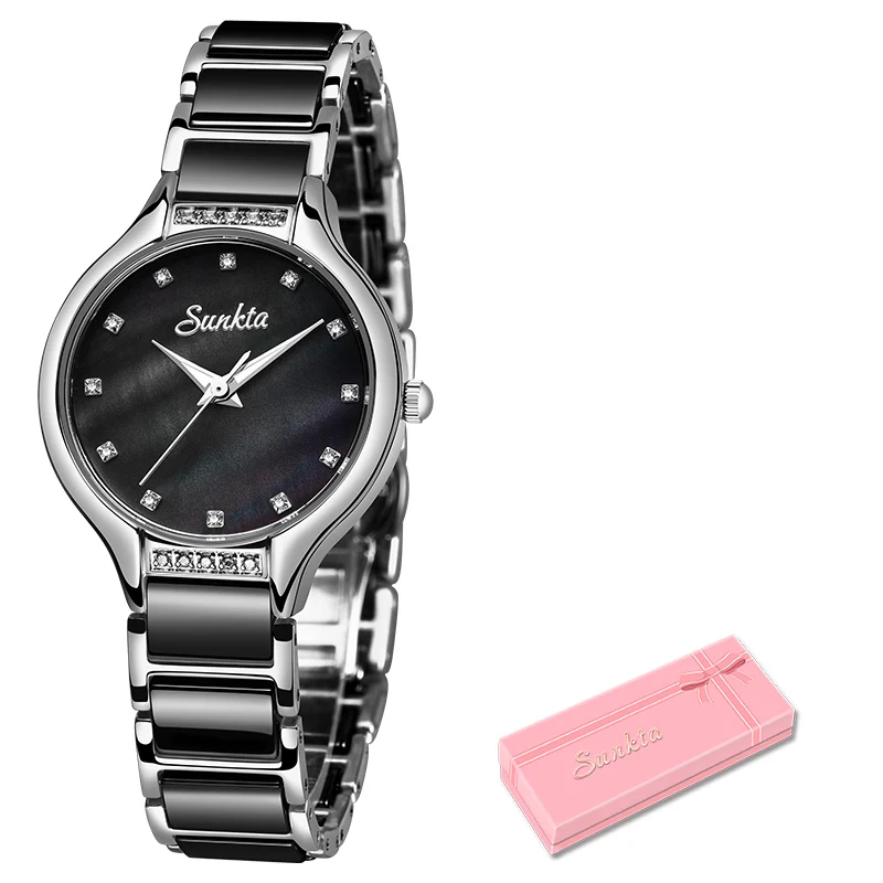 SUNKTA New Rose Gold Ladies Ceramic Watch Women Top Brand Luxury Watch Fashion Simple Waterproof Women Watches Relogio Feminino - Цвет: Sliver black