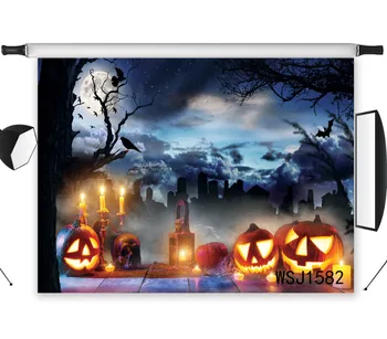 

LB Polyester & Vinyl Halloween Gloomy cemetery Pumpkin Lantern Candles Photography Photo Background Studio Backdrop Decoration