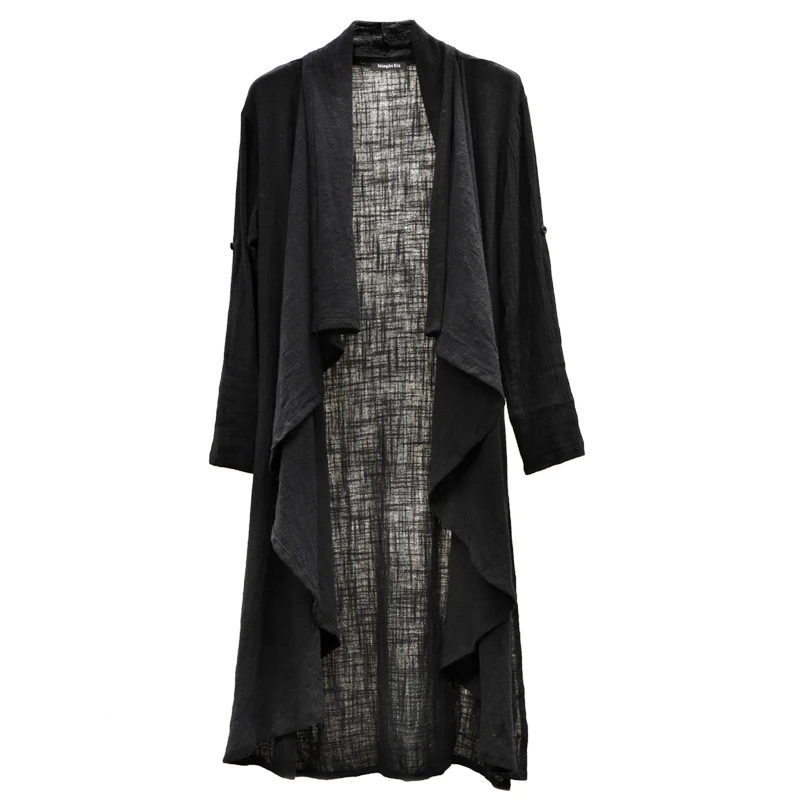 Men side split cotton linen long trench coat cardigan street punk hip hop jacket japan nightclub DJ gothic vintage stage costume