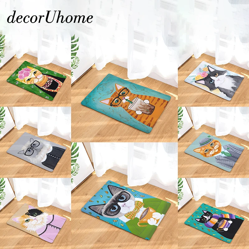 

decorUhome Anti-Slip Waterproof Door Mat Cat Wear Flower Drinking Carpets Bedroom Rugs Decorative Stair Mats Home Decor Crafts