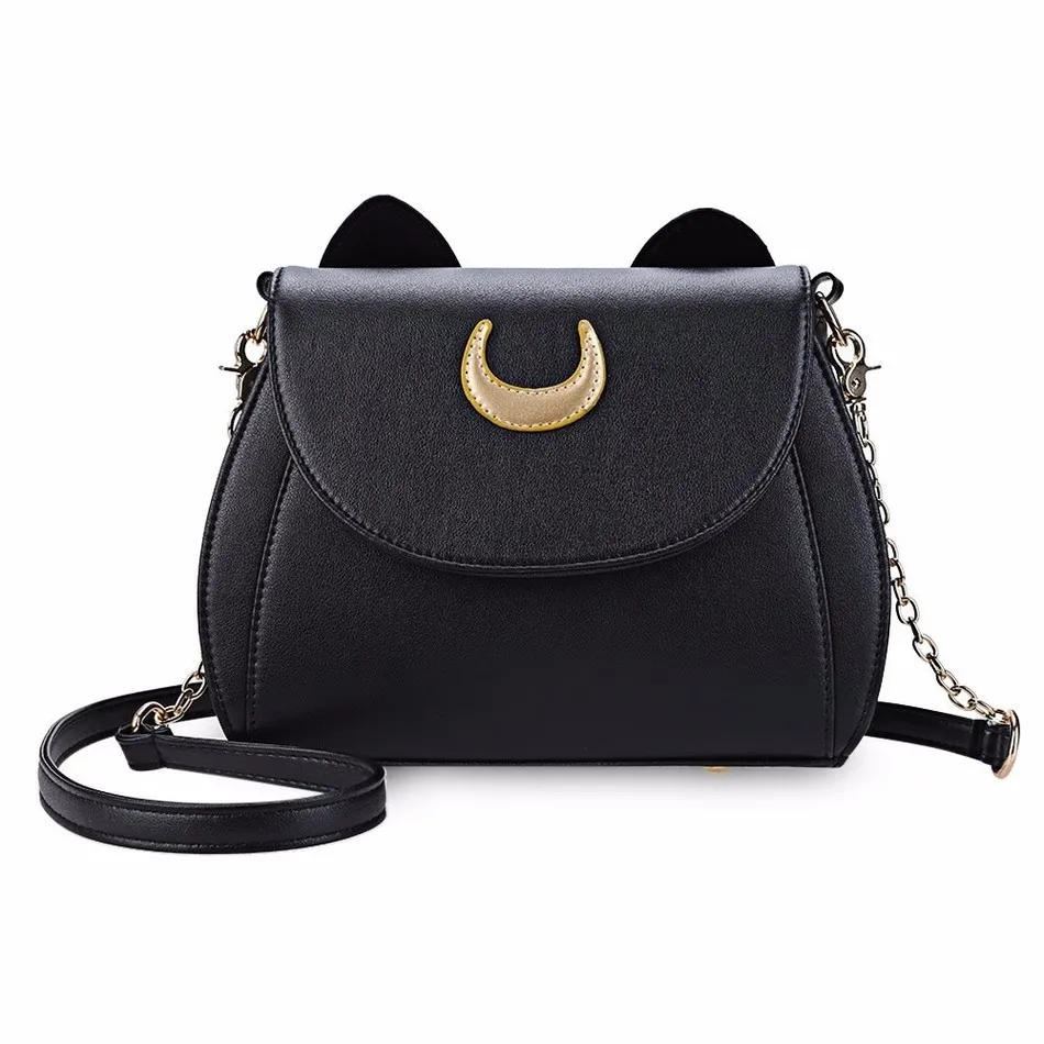 Vegan leather black Cat bag with moon design cat design crossbody bag female handbag with cat ear