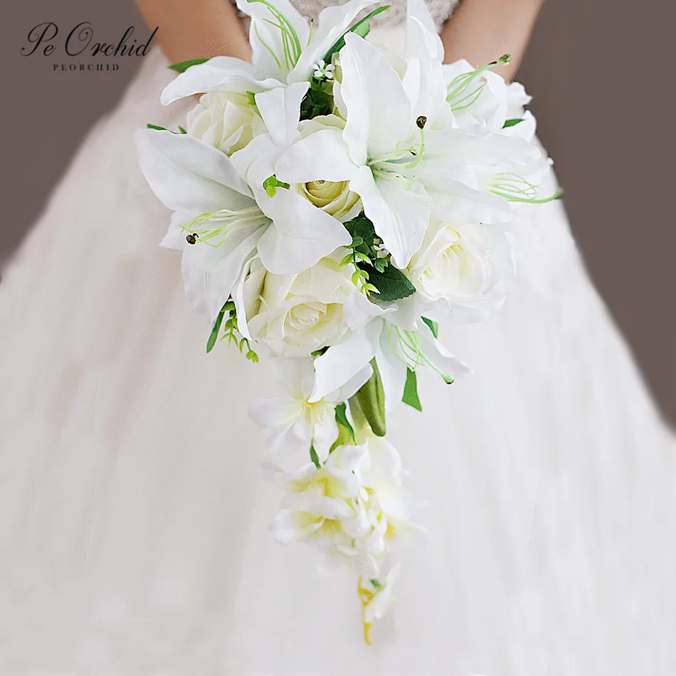 

PEORCHID Rose Lily Bridal Bouquet Waterfall Fake Ramo Novia Cascada Artificial Wedding Flower Bouquet Corsages And Boutonnieres