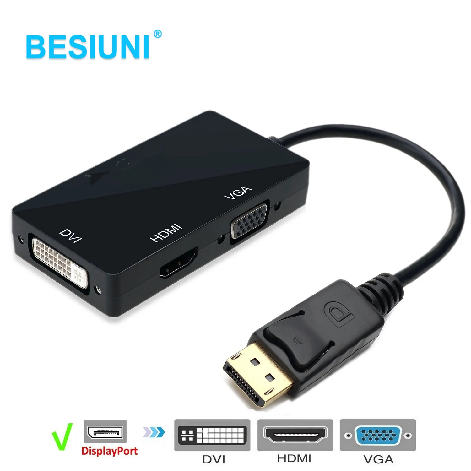 

BESIUNI 3 in 1 DisplayPort DP To HDMI DVI VGA Adapter Cable 1080P Display Port Converter Connector For PC Projector Laptop HDTV