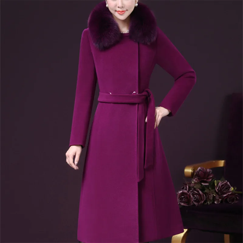 

DHL 2018 Women Fur Wool Coat And Blends Women Long Coat Spring Plus Size Belt Slim Outerwear High Quality Elegant Coats 4xl