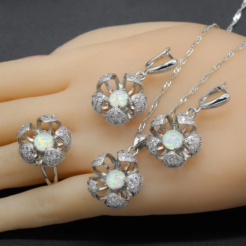 Австралия Opal 925 пробы Серебряные комплекты ювелирных изделий цветок синего, белого, розового цвета Цвета для Для женщин серьги Цепочки и ожерелья Кулон Кольцо