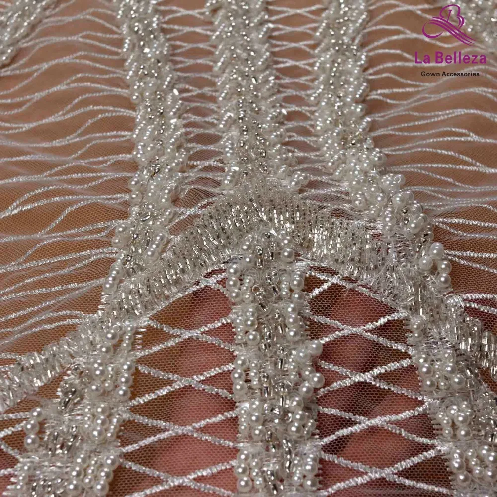 La Belleza новая дизайнерская Тяжелая бисерная кружевная ткань белого цвета, розовое золото простая линия Бисероплетение вечернее платье кружевная ткань 1 ярд