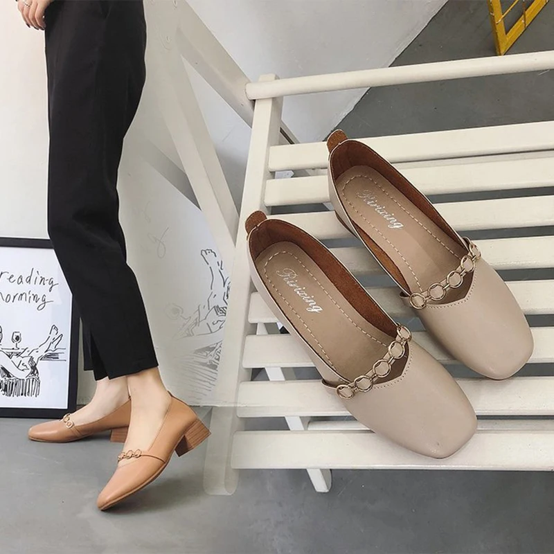 

Fresh brand woman leather shoes spring/autumn grandma shoes metal ring band thick high heels shallow retro pumps classic shoes