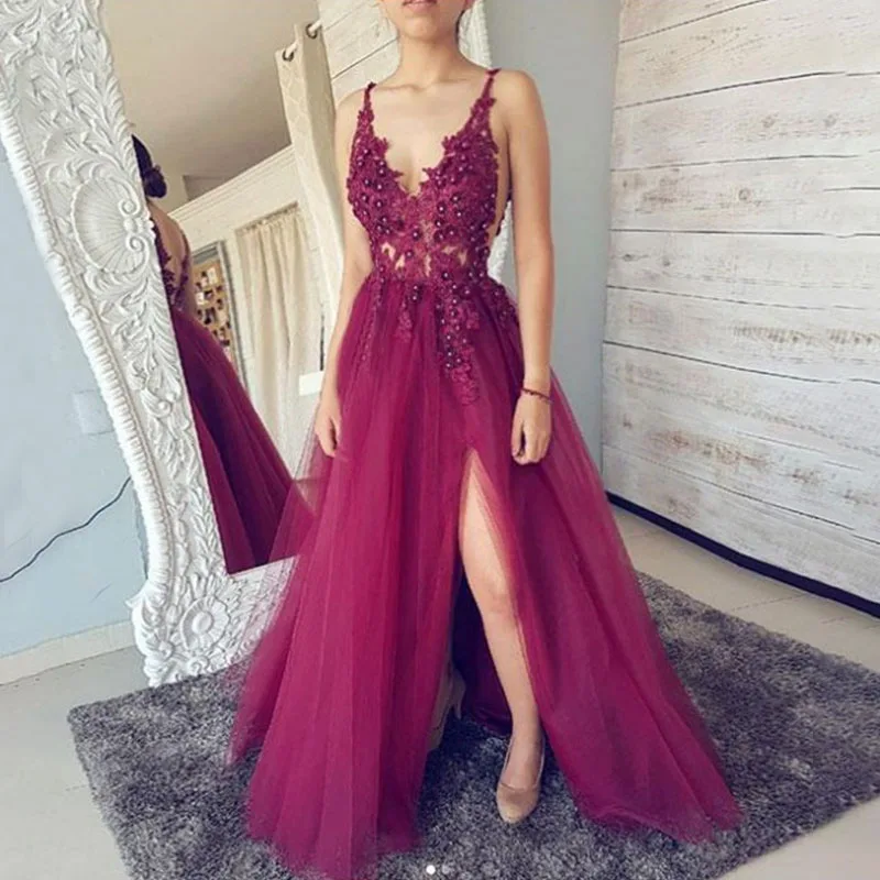 

Spaghetti Straps V Neck Open Back Long Prom Dresses with Beads Sleeveless Front Split Tulle Evening Formal Party Dress