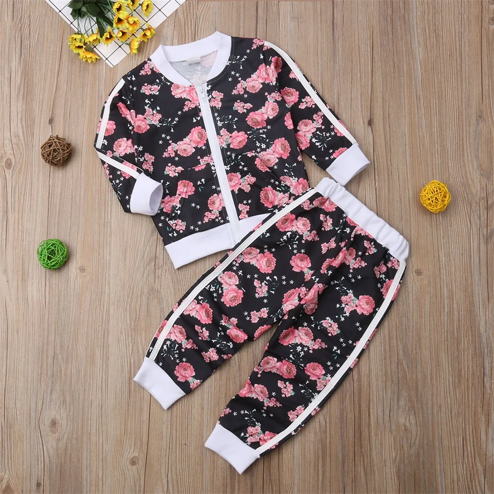 New Toddler Kids Baby Girl Clothes Set Casual Sportswear Floral Long Sleeve Jacket Coat Pants 2PCs Children Clothes