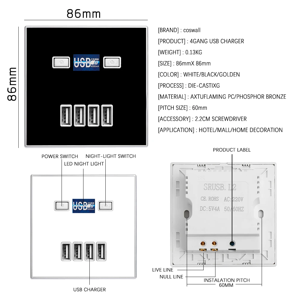 1Pcs 86mm* 86mm 4A 4 USB Port Quick Charger Gold/White/Black/Silver Home Use Wall Socket Power USB Electrical Outlet