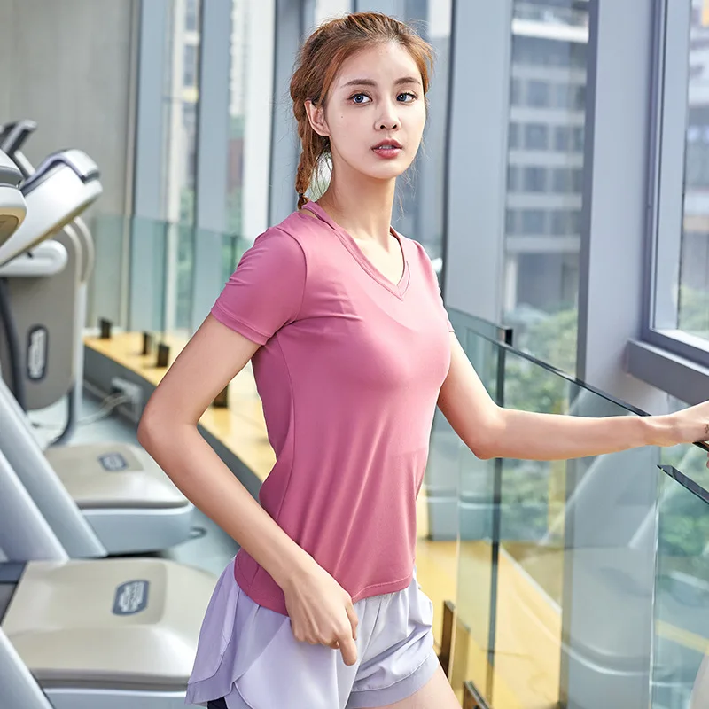ESHINES новые тонкие сексуальные эластичные спортивные фитнес Бег быстросохнущие с коротким рукавом Танцы yoga футболки с тенденцией моды