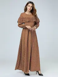 Повседневное полный горошек Abayas воланами длинное платье Арабский Кафтан Турция Ближний Восток мусульманское женское Мода 7426