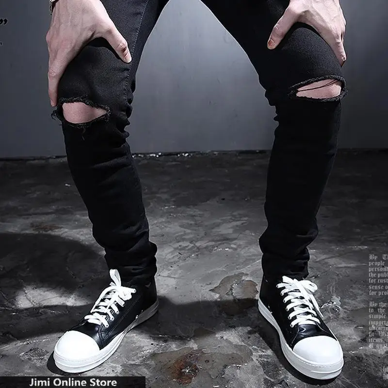2015 Summer Mens Destroyed Denim Jeans Thin Cool Slim Fit Hi Street Style Black Ripped Jeans