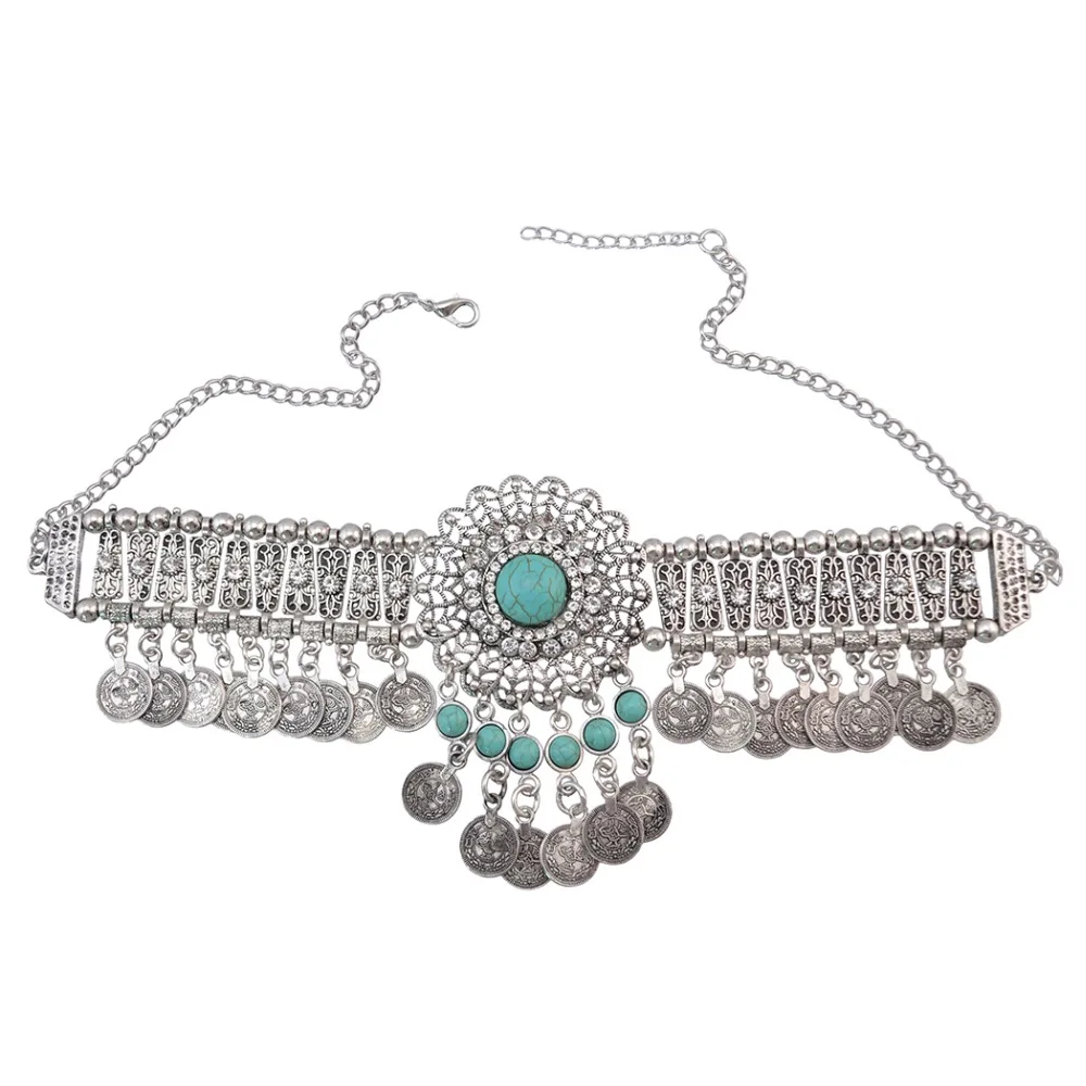 Gypsy Boho Maxi Jewelry Red Blue Stone Silver Chunky Flower Rhinestone Bead Choker Statement Coin Tassel Necklace Women Indian - Image 6