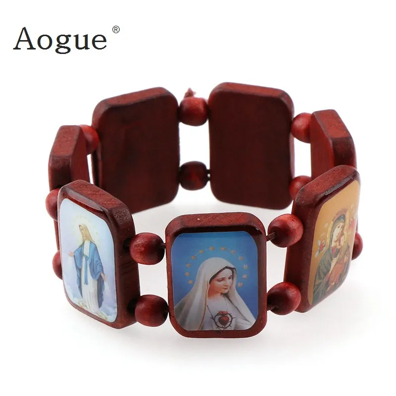 

Elasticated Dark Red Wood Bracelet with Small Square Enamel Catholic Saints Images