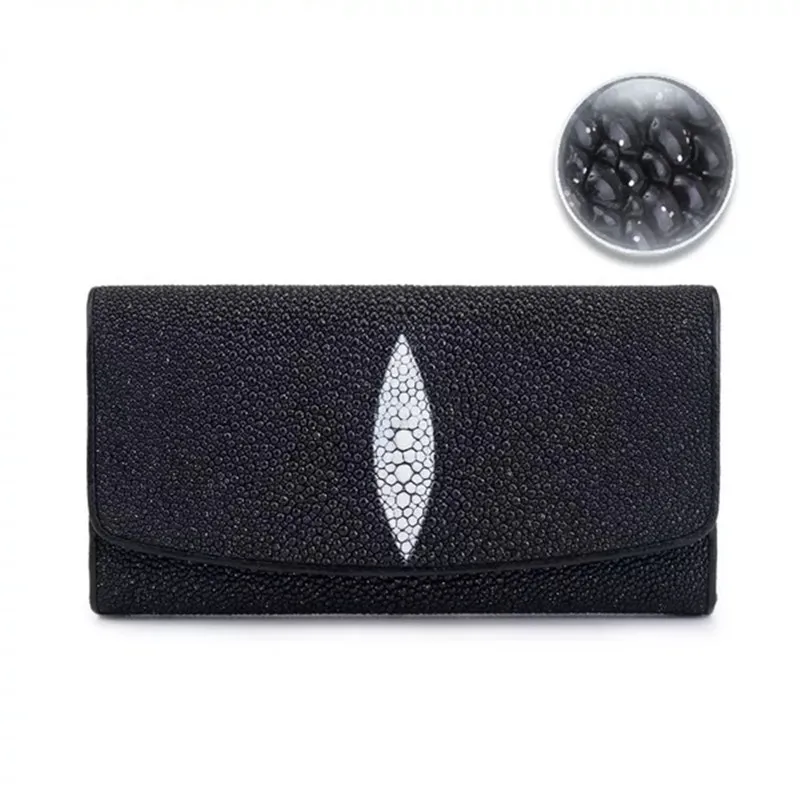 

Fashion Sparkle Designer Genuine Stingray Skin Leather Women's Long Trifold Wallet Card Holders Large Capacity Lady Clutch Purse
