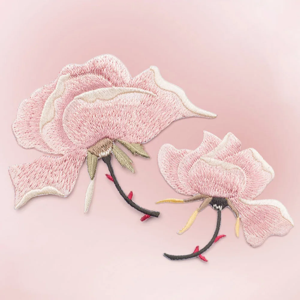 

Pink Peony Chinese Rose Applique Embroidery Flower Patches For Clothing Iron On Stickers For Clothes Decorations Sewing Patch