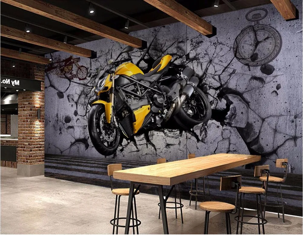 Papel Tapiz 3d Imagen Motocicleta Amarilla Pared Rota Decoracion