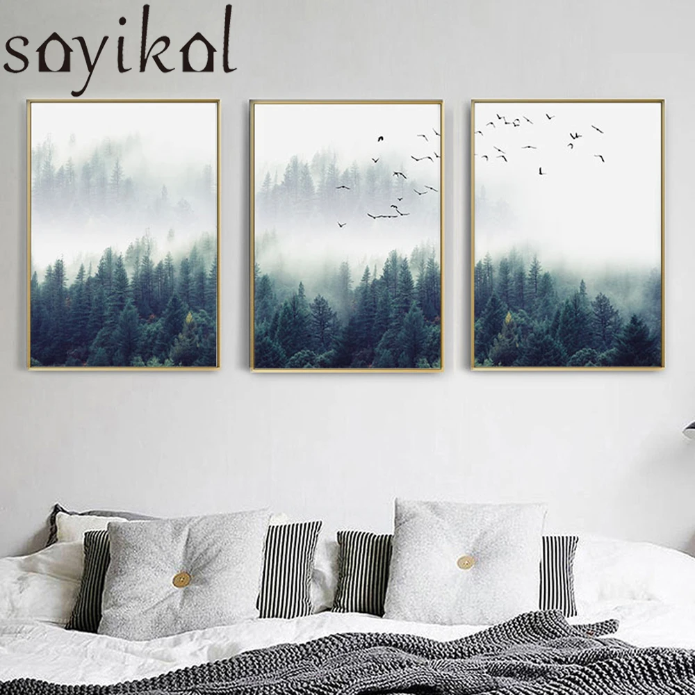 Abstract Nordic Forest Bird Landscape Canvas Paints Poster Home Room Wall Decor