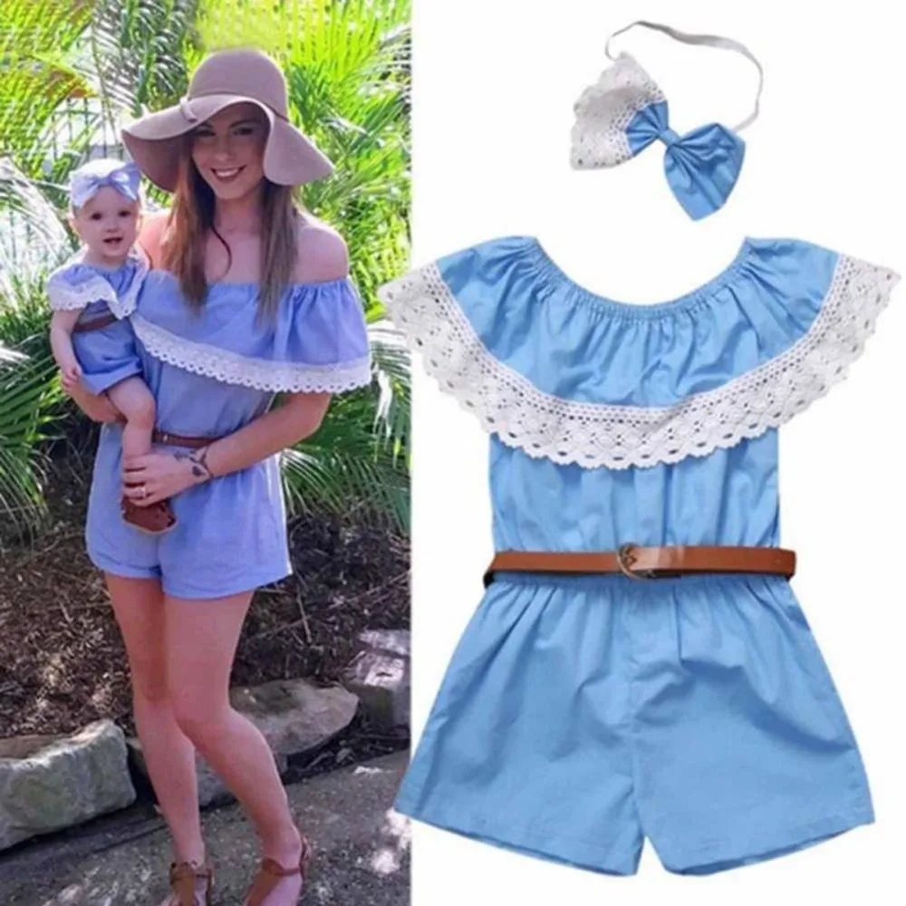 

Summer Family Matching Outfits Mom and Baby Parent Children Clothing Blue Mommy and Daughter Mother Kids Cotton Romper Clothes
