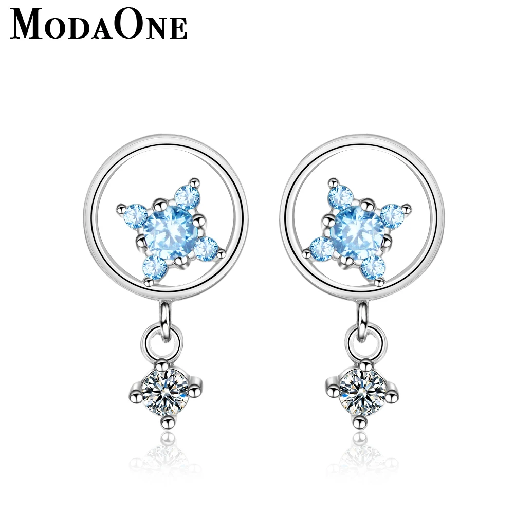 

ModaOne Blue Zircon 925 Sterling Silver Stud Earrings For Women Trendy Korean Round Silver Jewerly Aretes De Mujer Oorbellen