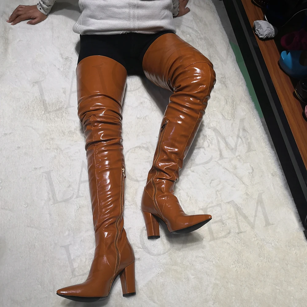 LAIGZEM FASHION Women Thigh High Boots Chunky Thick Heels Pointy Toe Long Boots Zipper Botines Bottes Femme Mujer Big Size 4-14 (4)