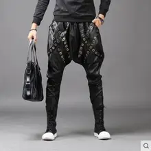 Мужская кожаная Штаны в стиле хип-хоп брюки от «Harlan» стильные; для ночного клуба промежности Штаны расслоение ноги летучая мышь Штаны