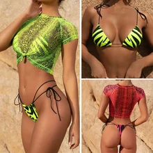 Сексуальная одежда для плавания женские Мини-бикини с трусиками Танга бразильские бикини набор купальники со стрингами купальный костюм Пляжная одежда 3 шт купальные костюмы