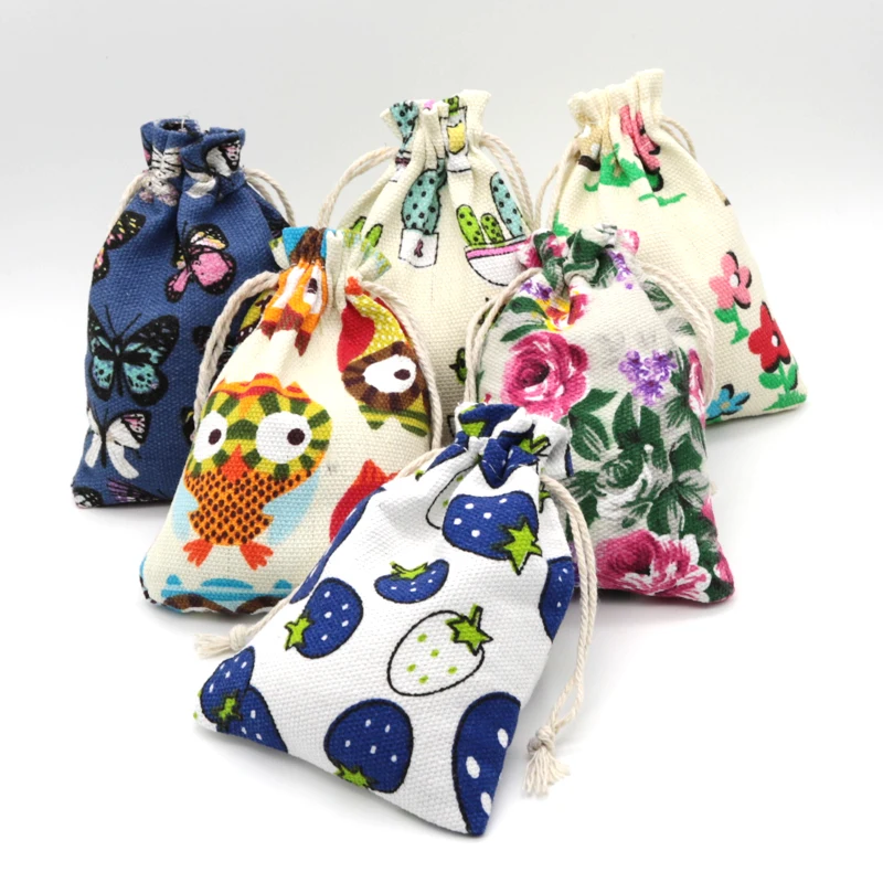 

5pcs/Lot 10x14cm Drawstring Jewelry Bags For Beads Bracelet Christmas Gifts Packaging Bags Small Linen Canvas Bag Pick Patterns