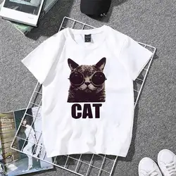 Летние Повседневное Cat Печать женский футболка Для женщин футболка плюс Размеры Повседневное футболка с круглым вырезом с коротким