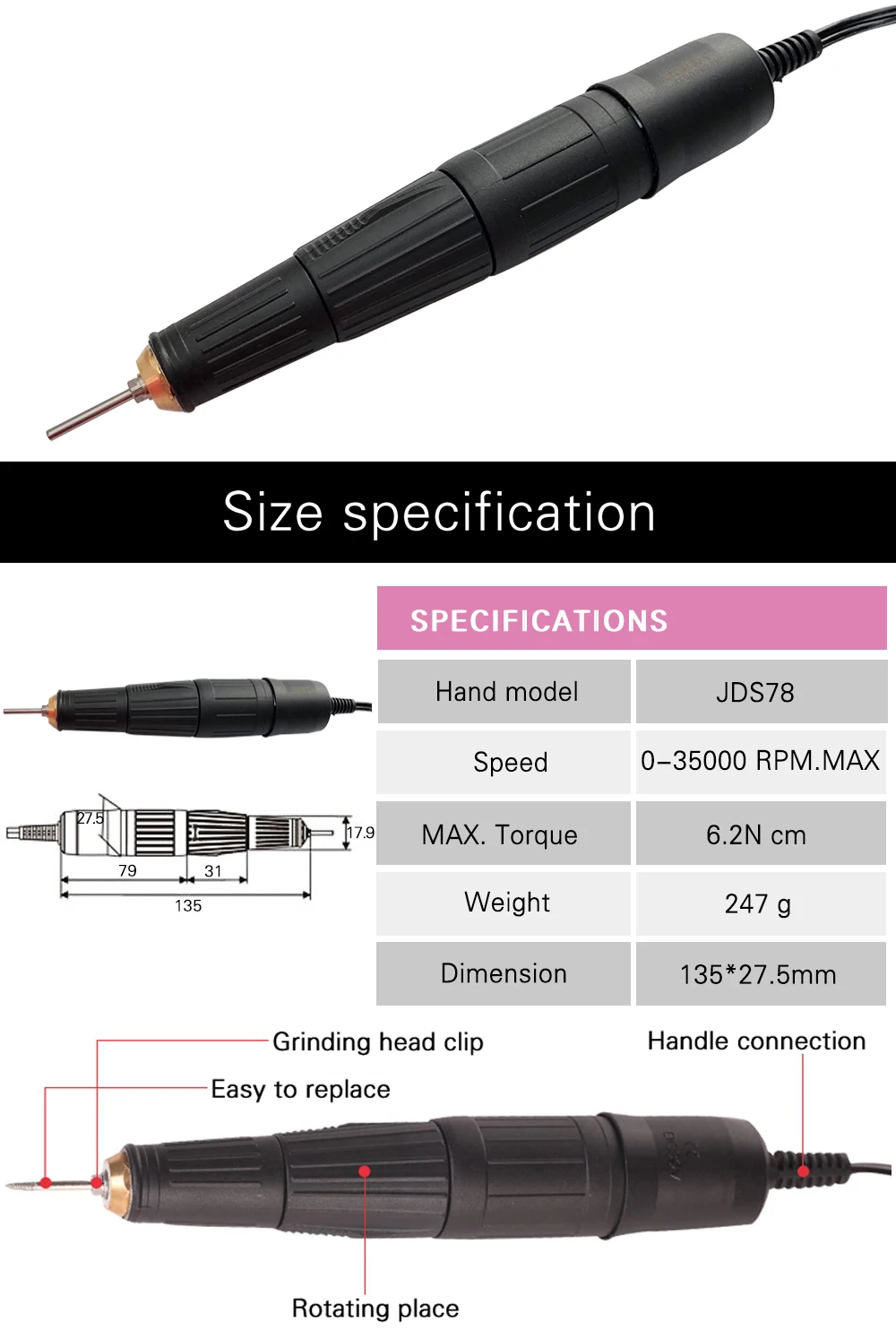 Оригинальные JSDA JDS78 30V профессиональные электрические маникюрные дрели для ногтей, ручка для педикюра, оборудование для дизайна ногтей, наконечник 35000 об/мин