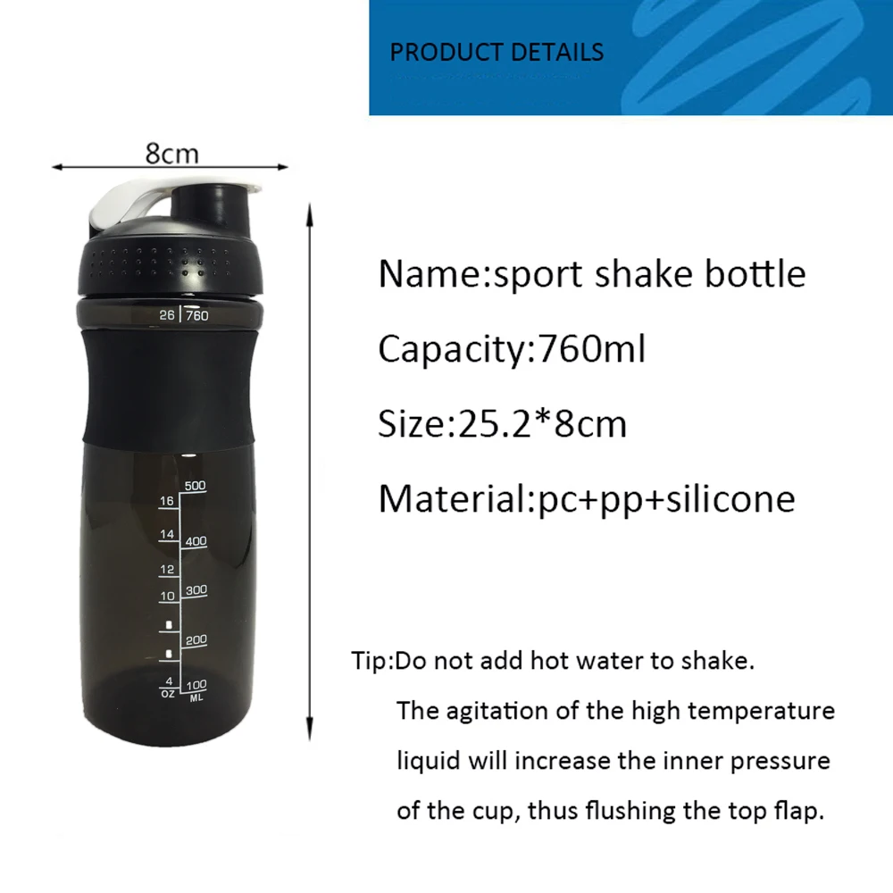 760 мл спортивный шейкер бутылка с шарик с венчиком спортивный сывороточный протеиновый порошок бутылка для воды фитнес тренажерный зал BPA-Free Мощный герметичный