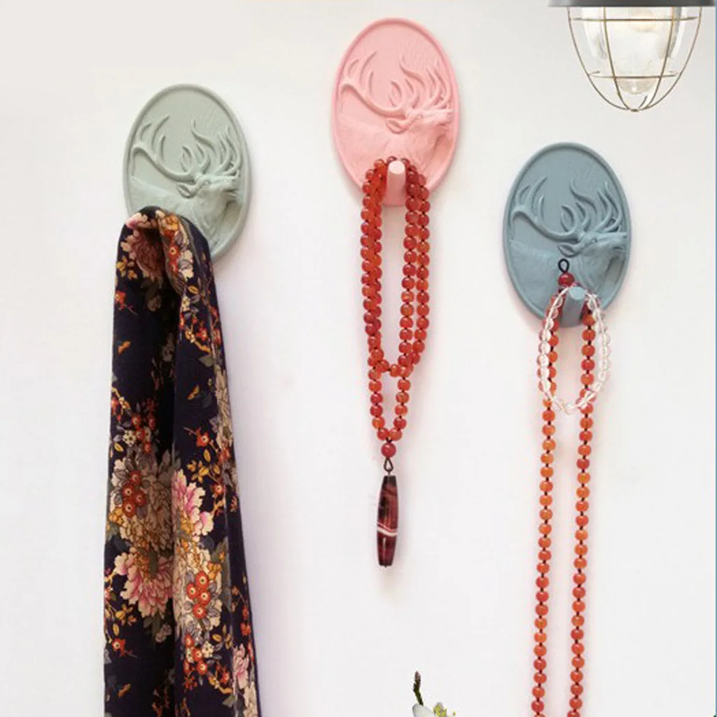 3D Resin Animal Deer Head Sticker Self-Adhesive Hanger Hooks Wall Door Bag Keys Hat Hangers