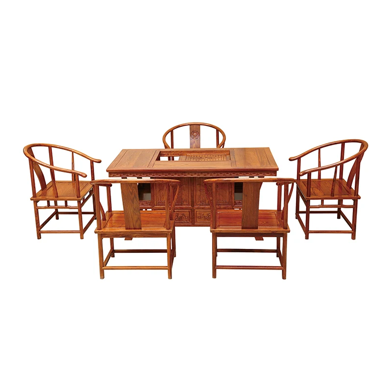 Chinese Vintage Antique Wooden Tea Table And Chairs Solid Wood Furniture Hedgehog Rosewood With A Desk And 5 Chairs