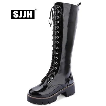 

SJJH Women Knee-High Boots with Round Toe Square Heels Platform Long Martin Boots Autumn Fashion Casual Shoes Large Size Q236