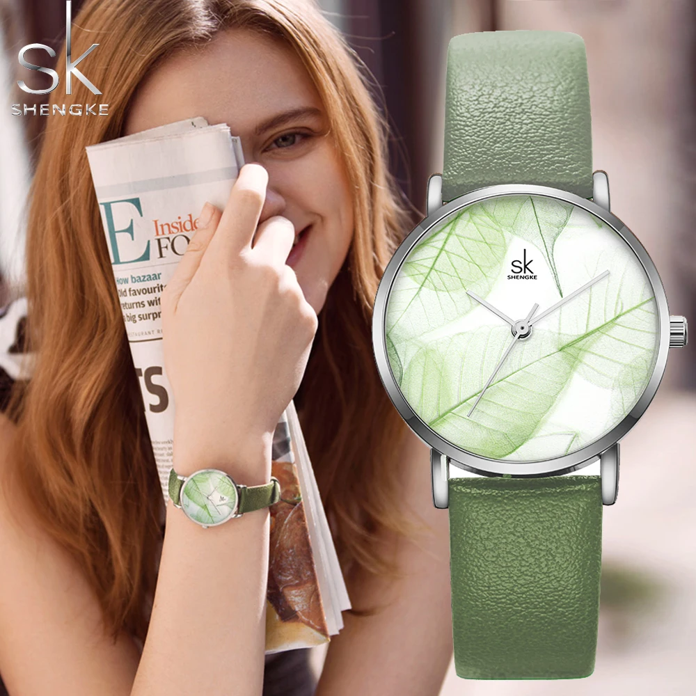 

Shengke Fashion New Women Watches Creative Leaves Summer Green Dial Clock Leather Strap Ladies Quartz Wristwatches Montre Femme