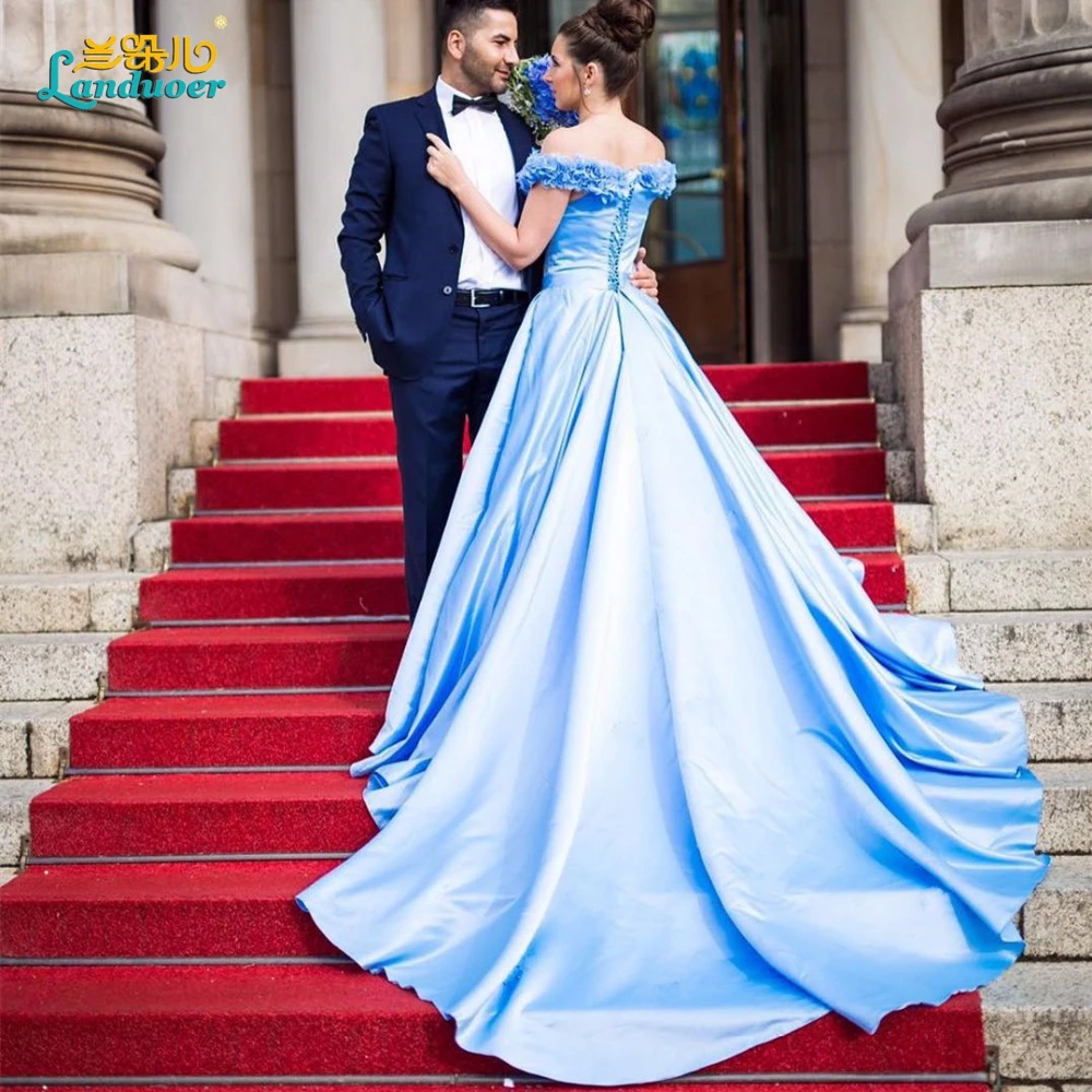 light blue  wedding  dresses  2019 Elegant lace  up corset 