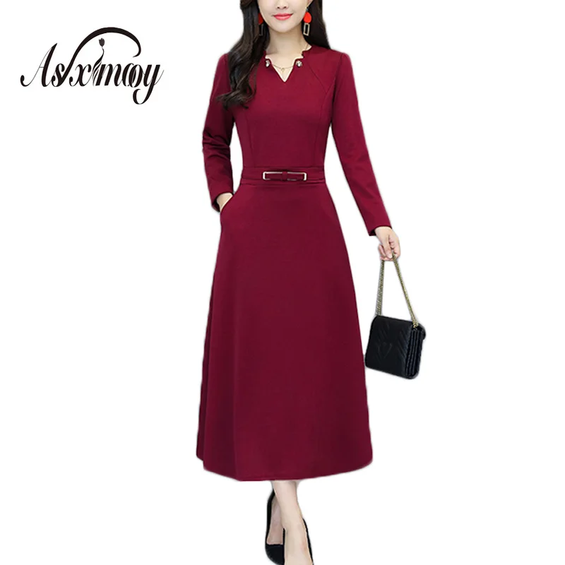 

Work Wear Office Dress Women Elegant Autumn Winter V Neck Slim Waist Maxi Dress Plus Size Long Sleeve Women Dresses 2018 Robe