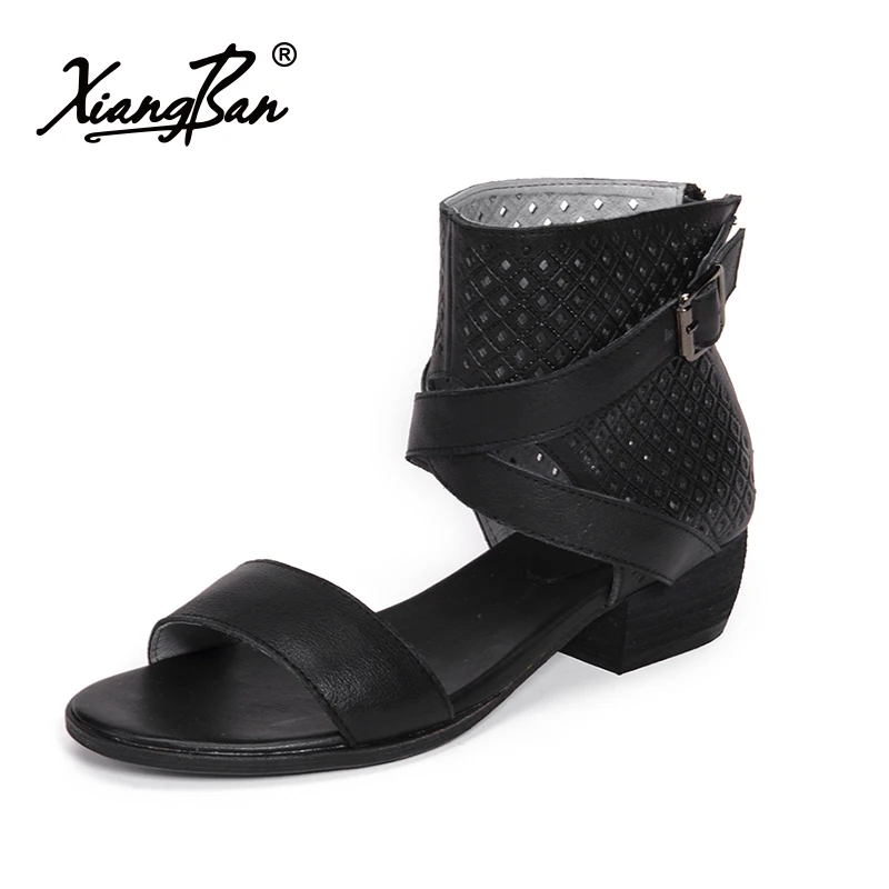 

Xiangban Rome Black Sandals Women Fashion Summer Women Beach Sandals Low Heel Peep Toe K5912K1
