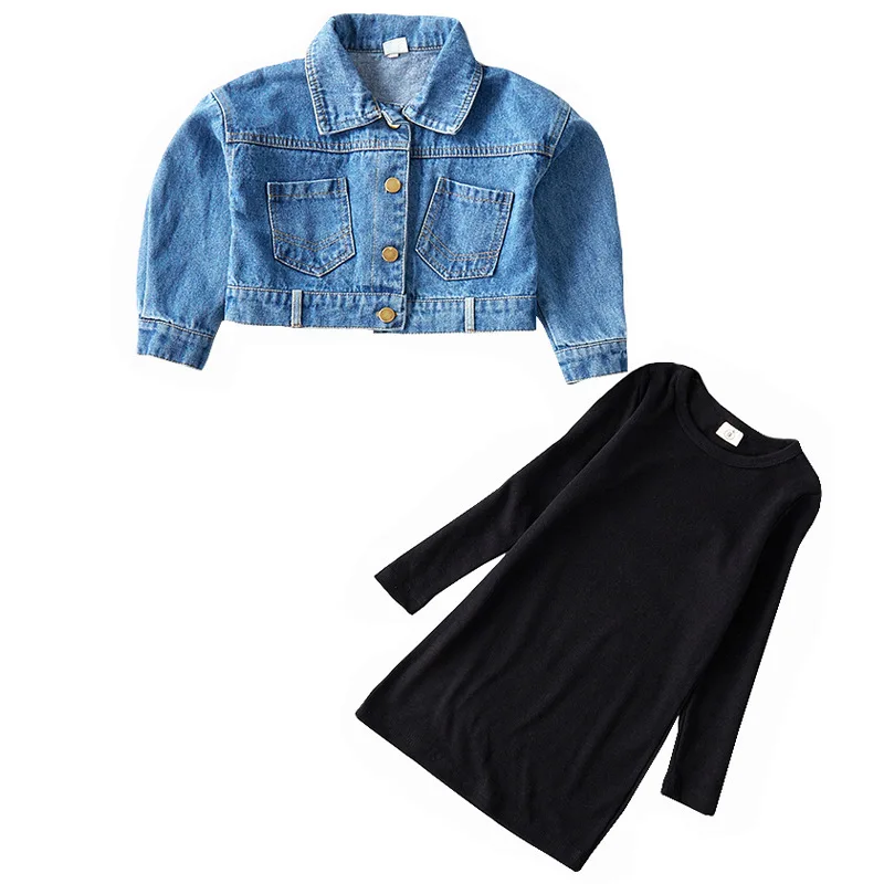 Комплекты одежды для детей, коллекция года, весенние модные комплекты из двух предметов для девочек, джинсовая синяя верхняя одежда с длинными рукавами+ Черное длинное облегающее платье