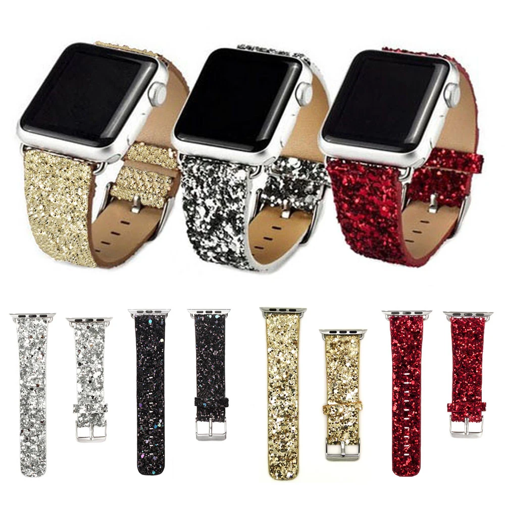 

Bling Glitter Powder Leather Watch Band for Apple Watch 38/40mm 42/44mm for iwatch Series 1/2/3/4 Christmas Shiny I26.